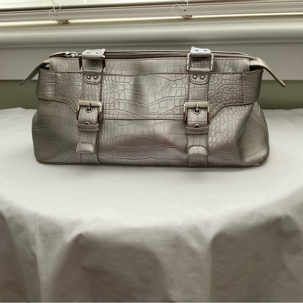 WORTHINGTON, PLATINUM/ METALLIC FAUX CROCODILE, LEATHER PURSE
